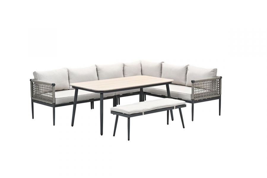 Teramon lounge-diningset - 6-delig - carbon black - rope taupe - desert sand - light teak Vironwood