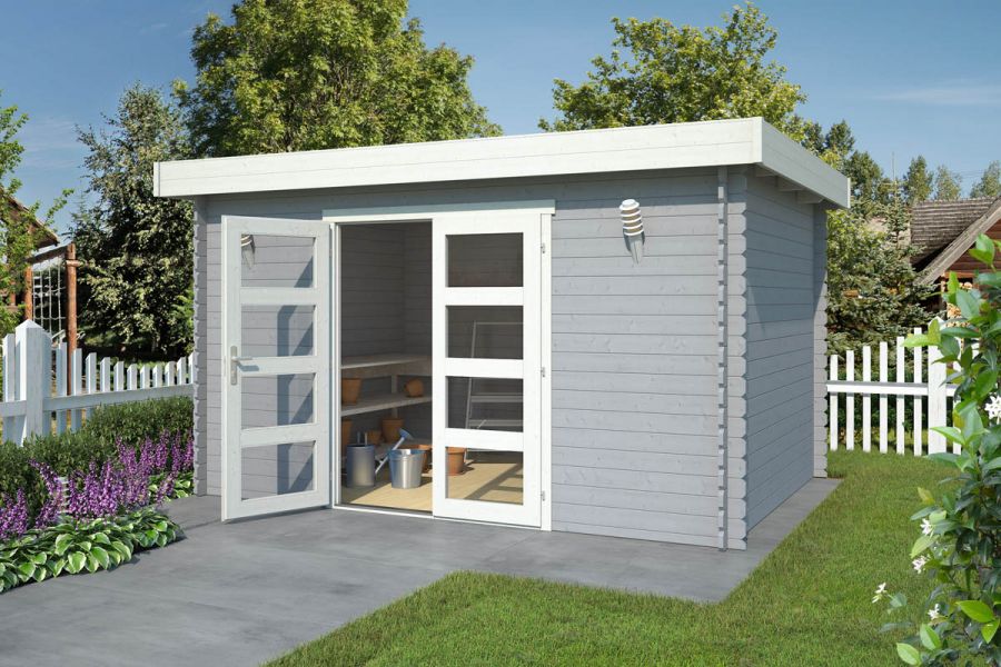 Blokhut Mikkel 400x295 cm - Platinum Grey-Wit gecoat