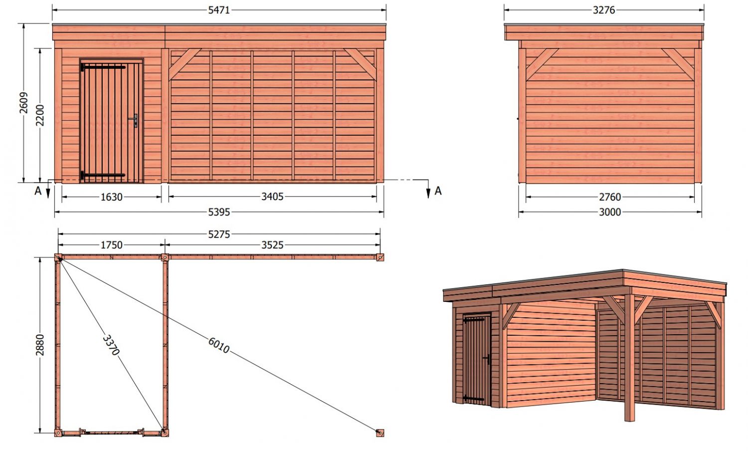 Overkapping met schuur Traditioneel douglas 550x330x260 cm met douglas onbehandelde wanden