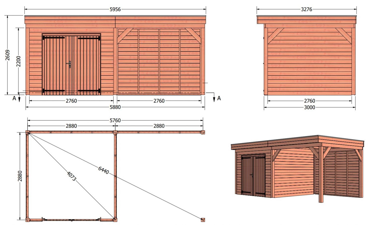 Overkapping met schuur Traditioneel douglas 595x330x260 cm met douglas onbehandelde wanden