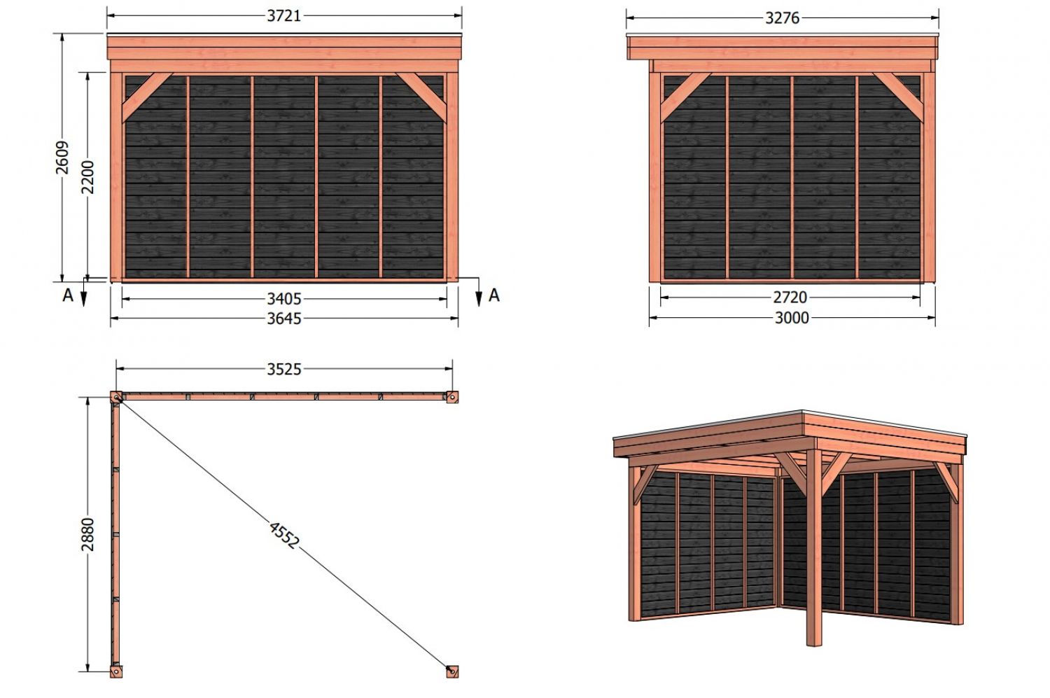 Overkapping Traditioneel douglas 375x330x260 cm met vuren zwart geïmpregneerde wanden