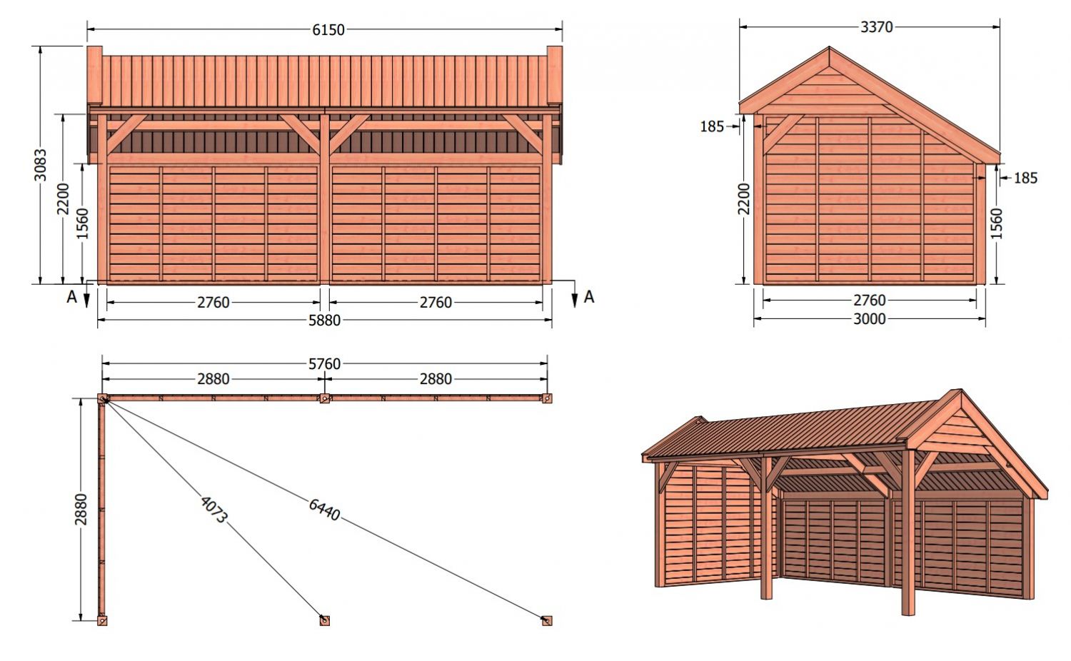 Kapschuur Traditioneel douglas 615x340x300 cm met douglas onbehandelde wanden