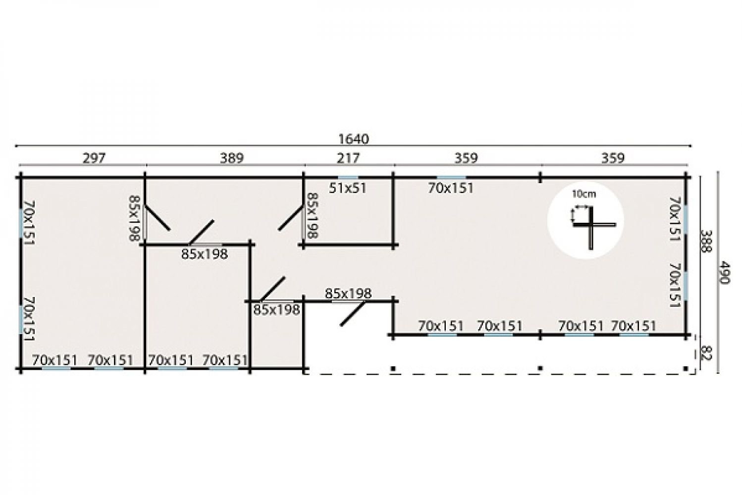 Blokhut Castlecomer 1640x490 cm Plattegrond