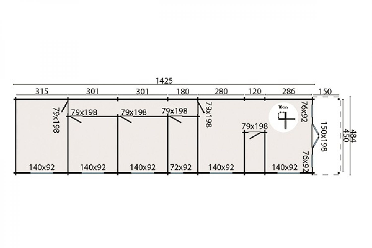 Blokhut Athy  484x1859 cm + voorluifel 150 cm plattegrond