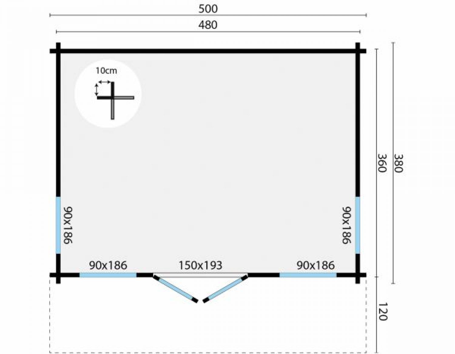 Blokhut Mia 500x360 cm + 120 cm luifel plattegrond