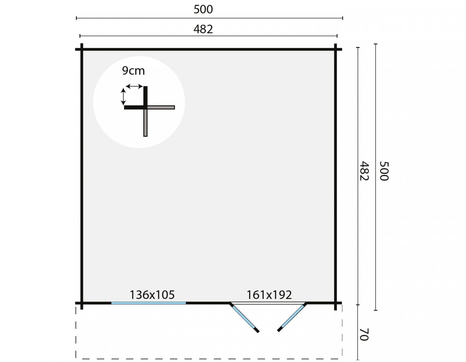 Blokhut Hendrick 500x500 + luifel 70 cm - Groen geïmpregneerd