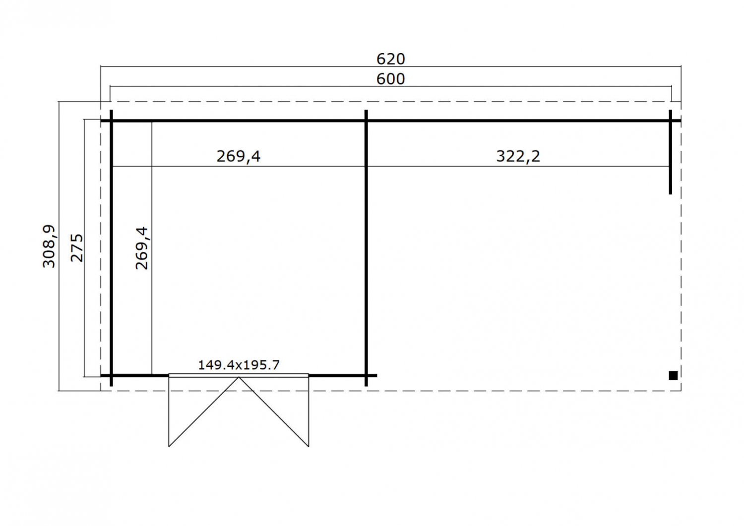 Blokhut Manuel 600x275 cm - Carbon Grey-Wit gecoat plattegrond