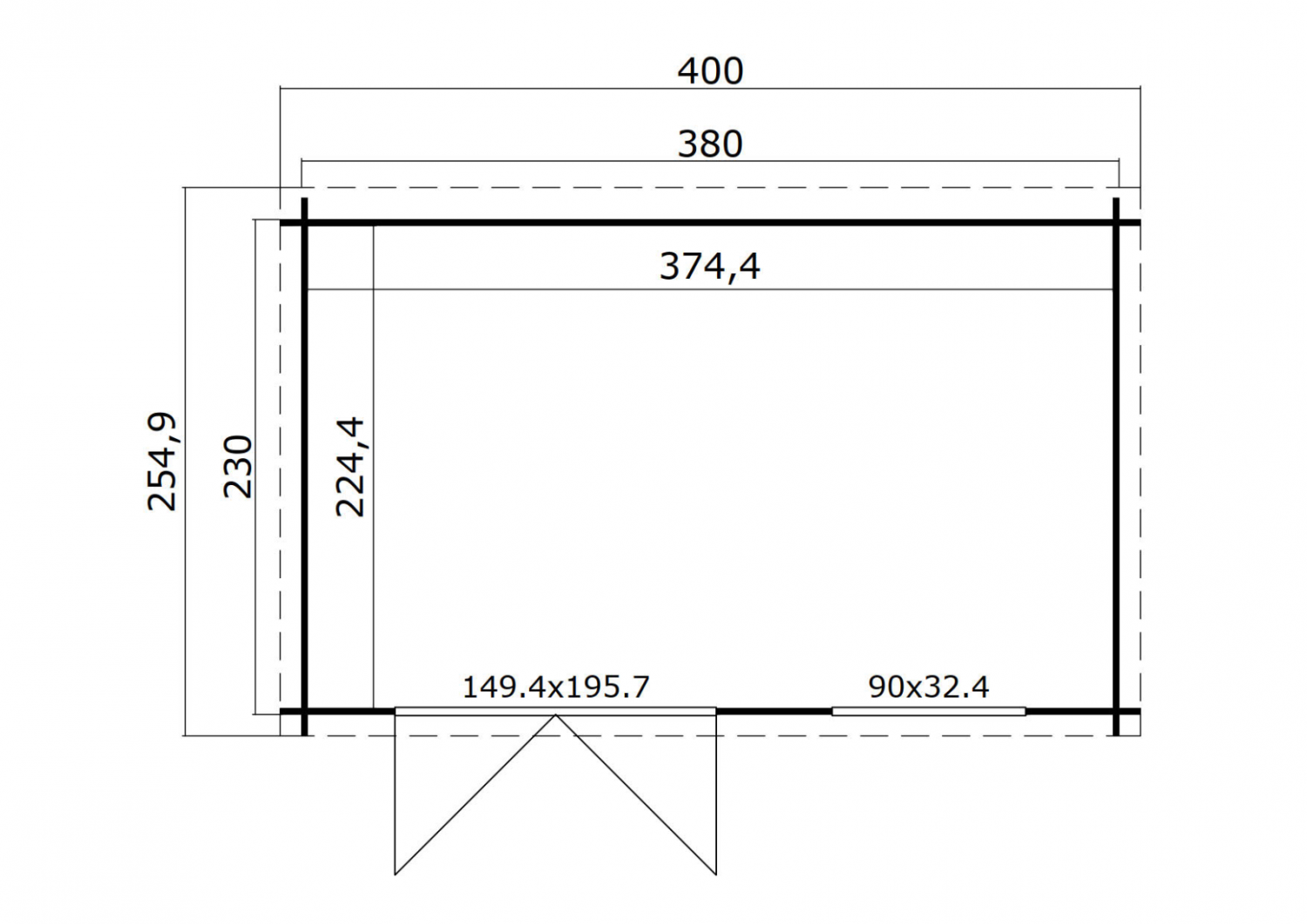 Blokhut Timian 380x230 cm - Carbon Grey-Wit gecoat plattegrond