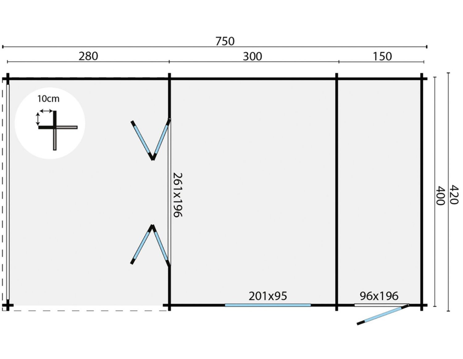 Blokhut Viveka 320x420 cm + luifel 280 cm + aanbouw 150 cm