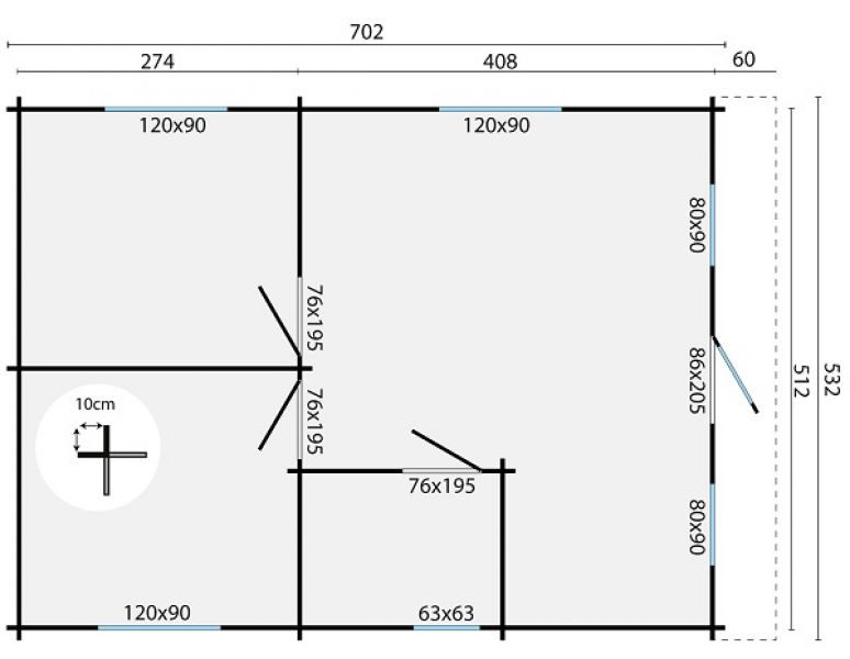 Blokhut Cadiz 702x532 cm + luifel 60 cm - plattegrond