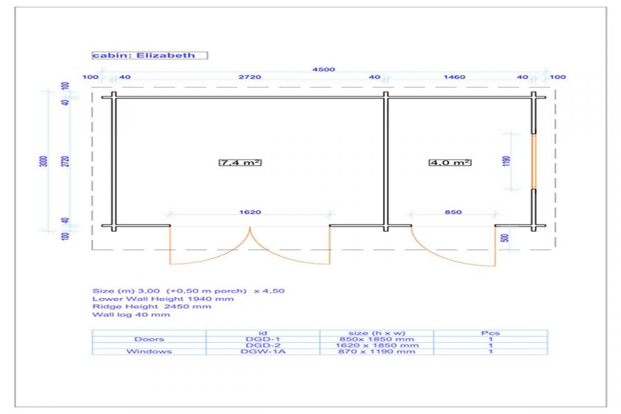 Blokhut Elizabeth 450x280 cm + 50 cm oversteek