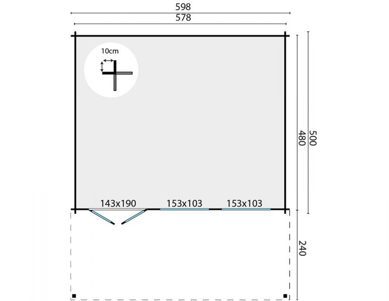 Blokhut Sachsen 600x500 cm + 240 cm luifel - plattegrond