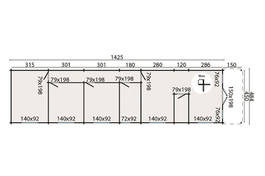 Blokhut Athy  484x1859 cm + voorluifel 150 cm plattegrond