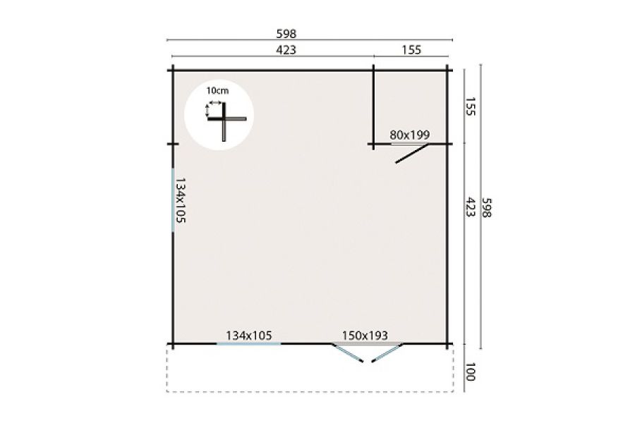 Blokhut Brandenburg 598x598 cm + luifel 100 cm plattegrond