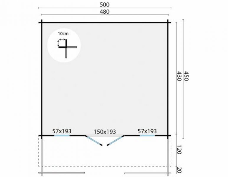 Plattegrond Blokhut Bayern 500x450 cm + 140 cm 