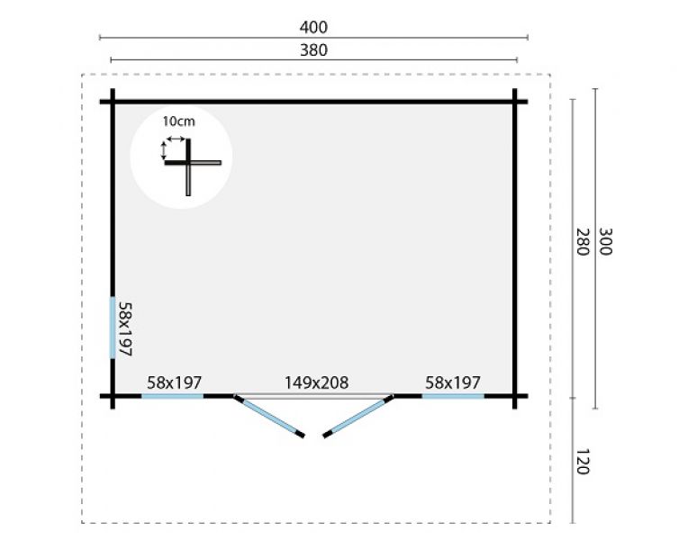 Blokhut Whitegate 400x280 cm + luifel 120 cm