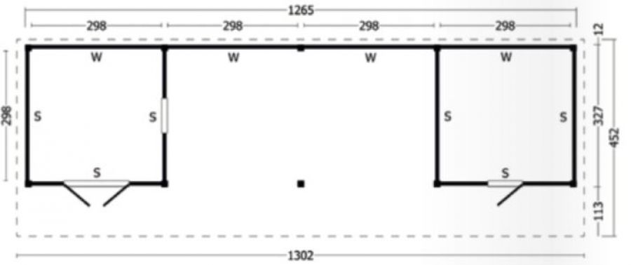 Lariks/Douglas Kapschuur Bergen XL type 12 zwart 1302x452 cm  plattegrond