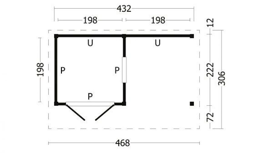 Lariks/Douglas Kapschuur Bergen L type 3 zwart 468x306 cm plattegrond