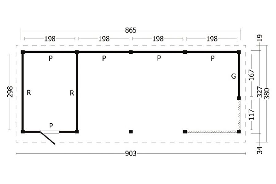 Overkapping Oslo L type 10 903x380 cm plattegrond