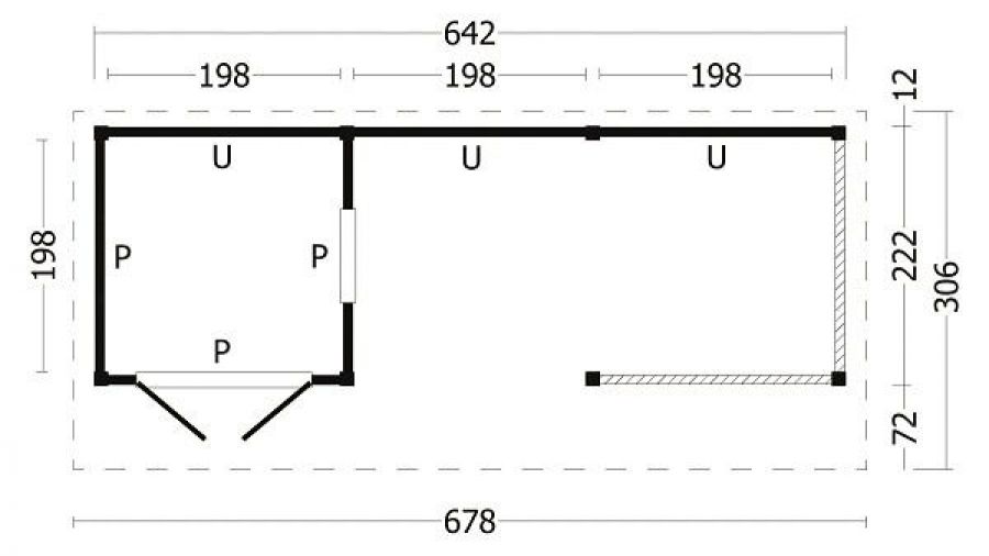 Lariks/Douglas Kapschuur Bergen L type 8 zwart 678x306 cm plattegrond