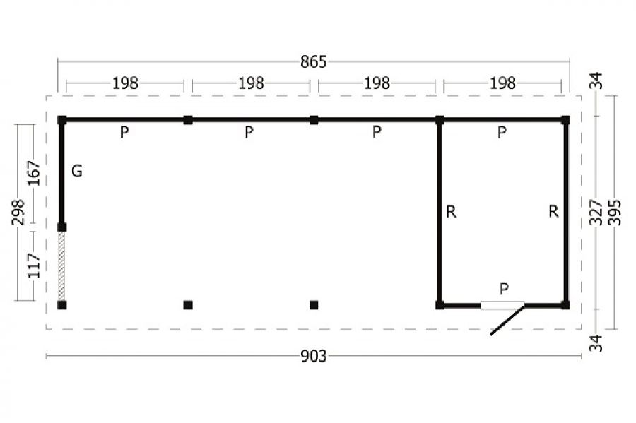 Overkapping Hamar L type 10 903x395 cm plattegrond