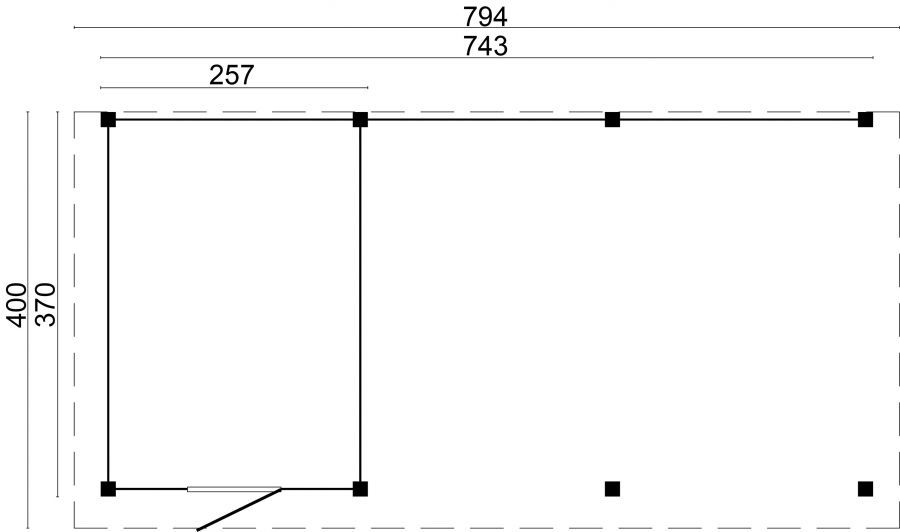 Lariks/Douglas buitenverblijf Twello - DIY ongezaagd houtpakket 794x400 cm plattegrond