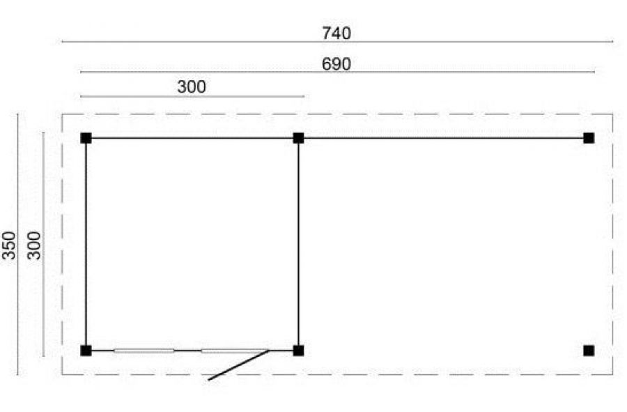 DIY Plat dak Leuven 300x300 + luifel van 440 cm - zwarte wanden plattegrond