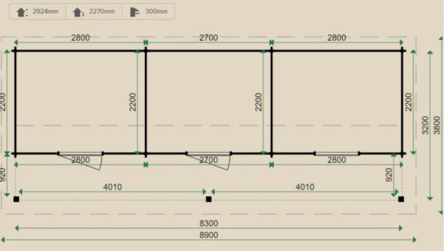 Blokhut B62 830x320 cm - 44 mm - plattegrond