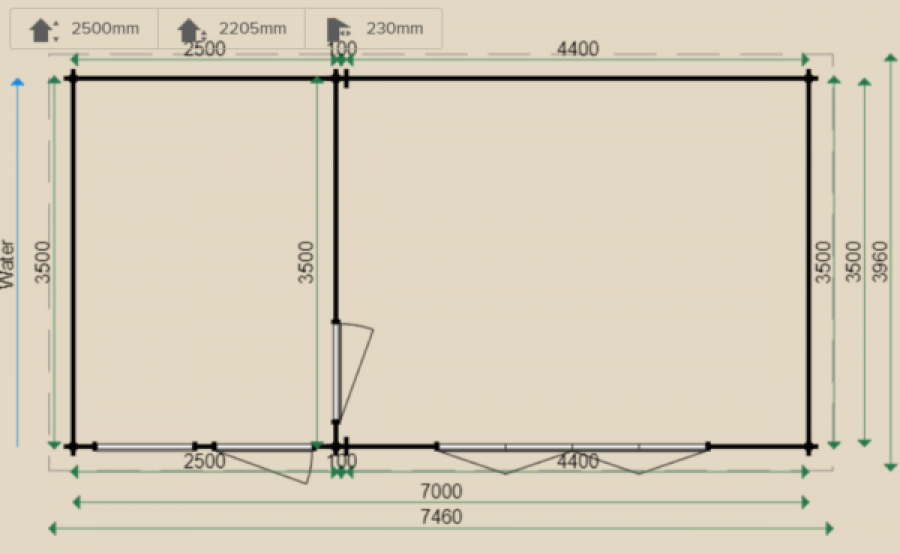 Lugarde Blokhut B64 700x350 cm - 44 mm - plattegrond