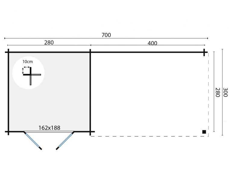 Blokhut Charlotta 300x300cm + luifel 400 cm - Zilvergrijs geïmpregneerd