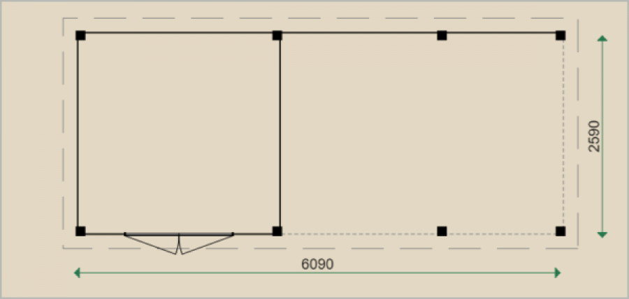 Tuinhuis D2 609x259 cm - 18 mm - plattegrond