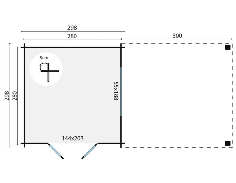 Blokhut Dellinger 300x300 cm + zijluifel 300 cm - Bruin geïmpregneerd