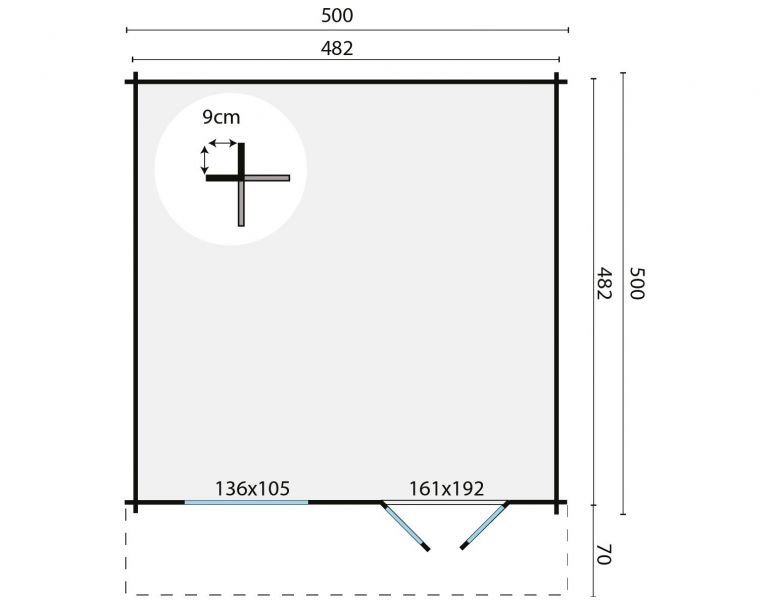 Blokhut Hendrick 500x500 + luifel 70 cm - Honing geïmpregneerd