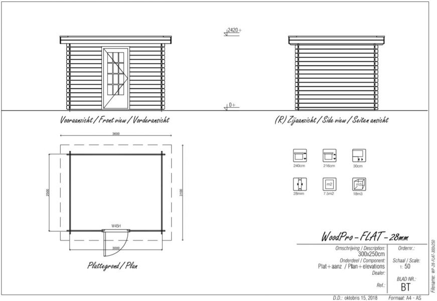 Blokhut/Tuinhuis Huizen 300x250 cm - Plattegrond