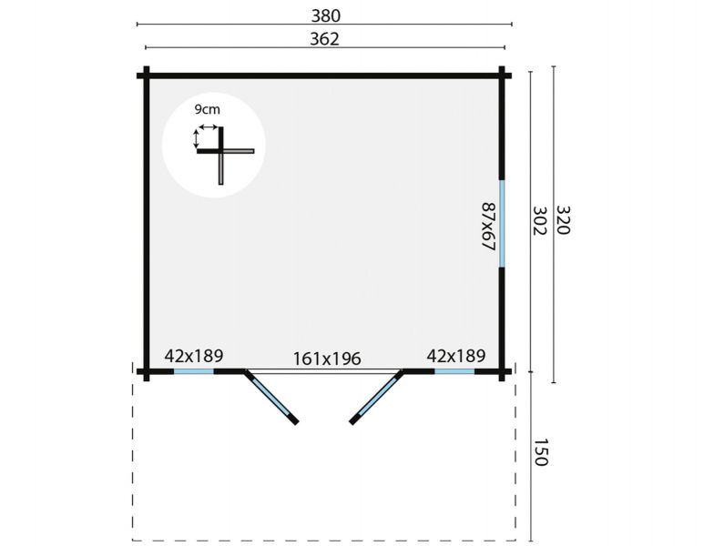 Blokhut Inglund 380x320 cm + luifel 150 cm