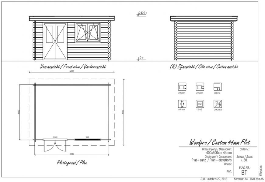 Blokhut/Tuinhuis Kats 400x300 cm - Plattegrond