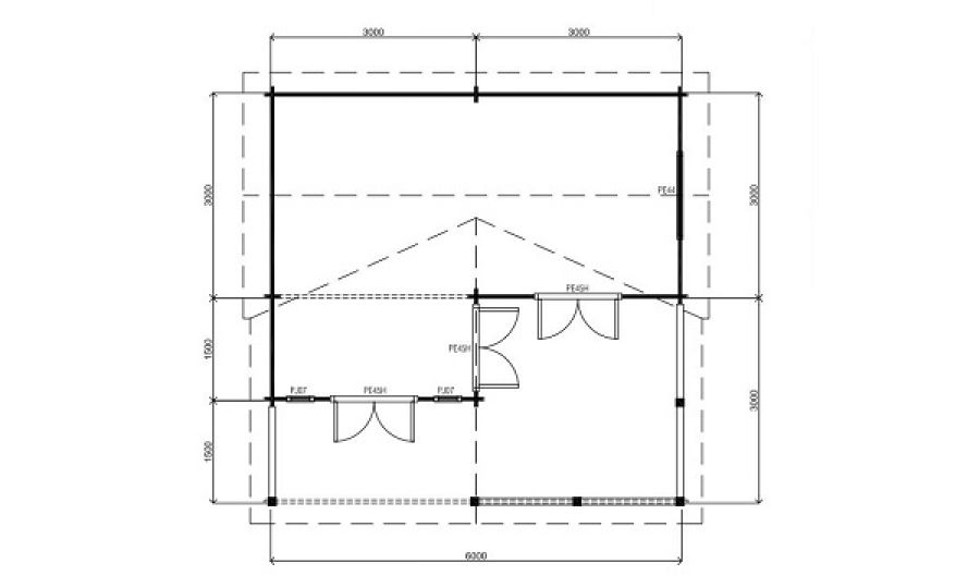 Lugarde Blokhut B43 600x600 cm - 44 mm - plattegrond