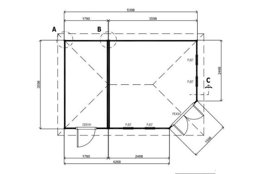 Lugarde Tuinhuis P5D6 540x360 cm - 44 mm - plattegrond