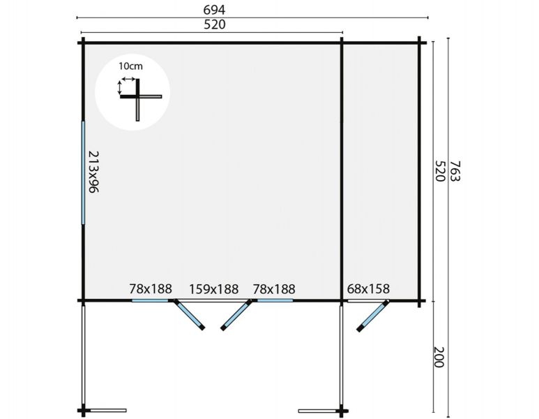 Blokhut Liverpool 540x540 cm + luifel 200 cm + zijaanbouw - Honing geïmpregneerd