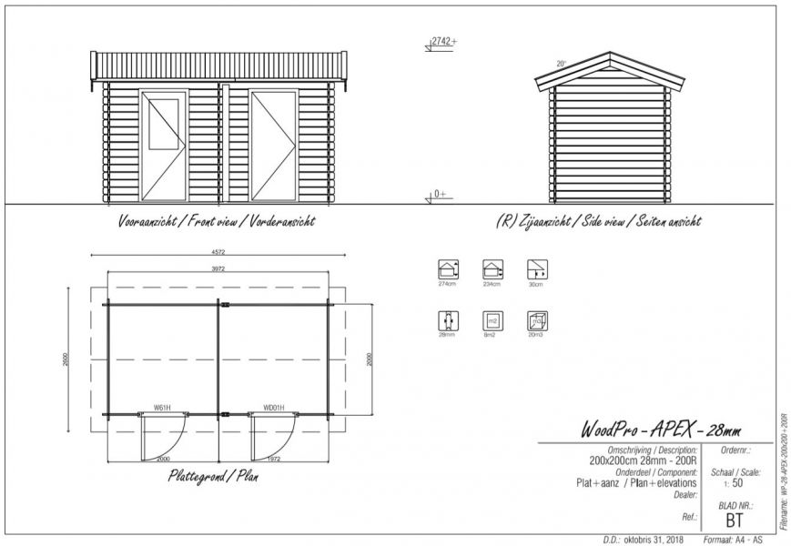 Blokhut/Tuinhuis Loveren 400x200 cm - Plattegrond
