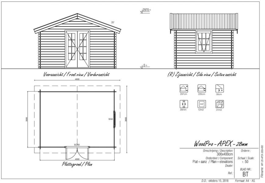 Blokhut/Tuinhuis Maurik 400x300 cm - Plattegrond