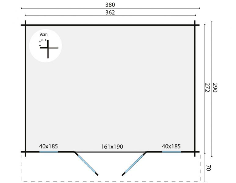 Blokhut Max 380x290 cm + luifel 70 cm