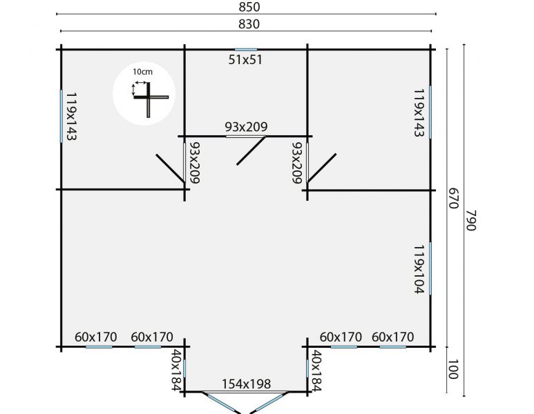 Blokhut Mullingar 850x690 cm + luifel 100 cm - Red class wood geïmpregneerd