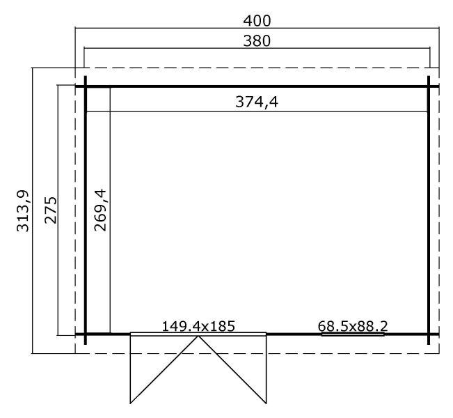 Blokhut Amira 380x275 cm - Groen geïmpregneerd plattegrond