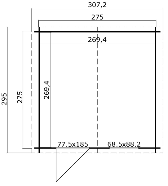 Blokhut Nina 275x275 cm - Platinum Grey-Wit gecoat plattegrond