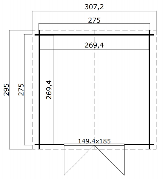 Blokhut Norah 275x275 cm - Platinum Grey-Wit gecoat plattegrond