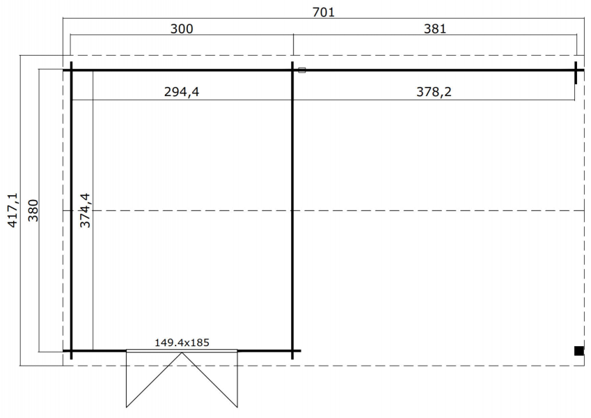 Blokhut Octavio 681x380 cm - Platinum Grey-Wit gecoat plattegrond