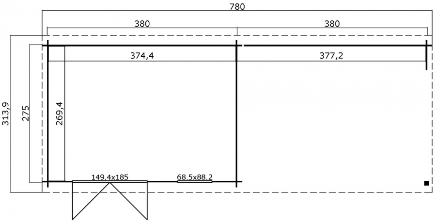 Blokhut Aida 760x275 cm - Platinum Grey-Wit gecoat plattegrond