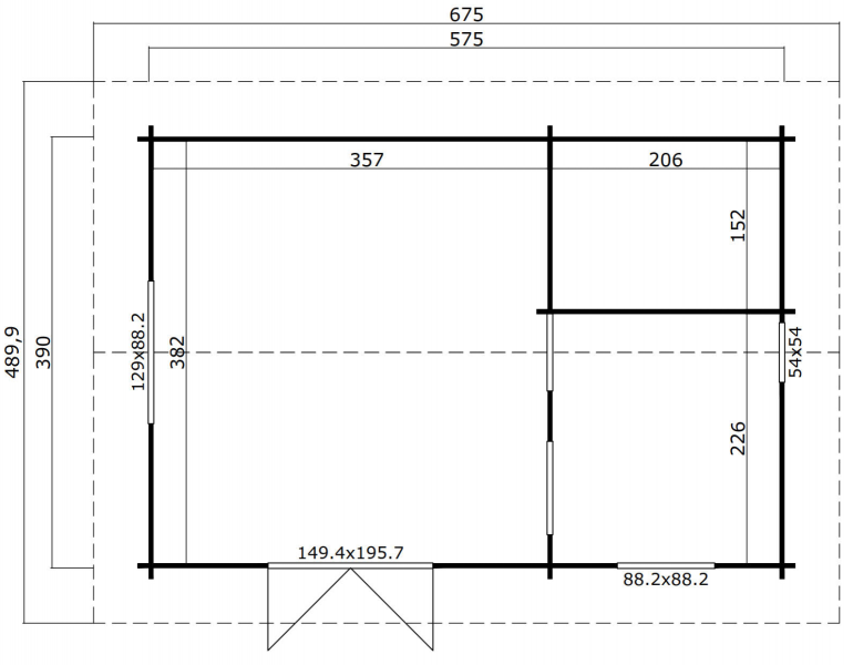 Blokhut Caroline SGC 390x575 cm - Platinum Grey-Wit gecoat plattegrond