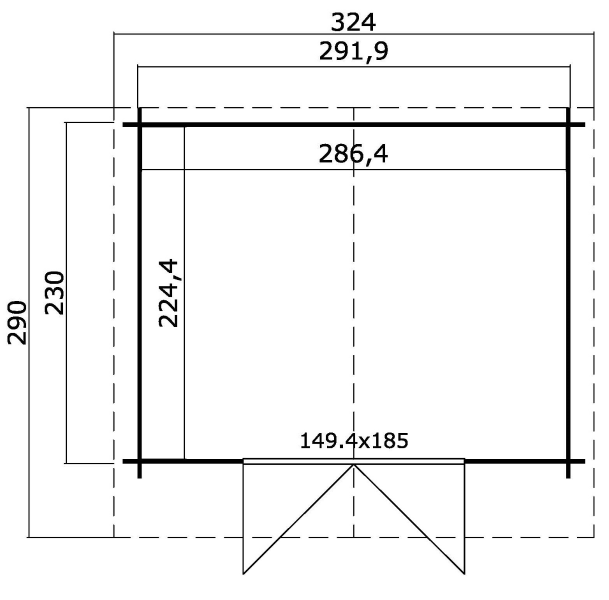 Blokhut Baltimore 292x230 cm - Platinum Grey-Wit gecoat plattegrond